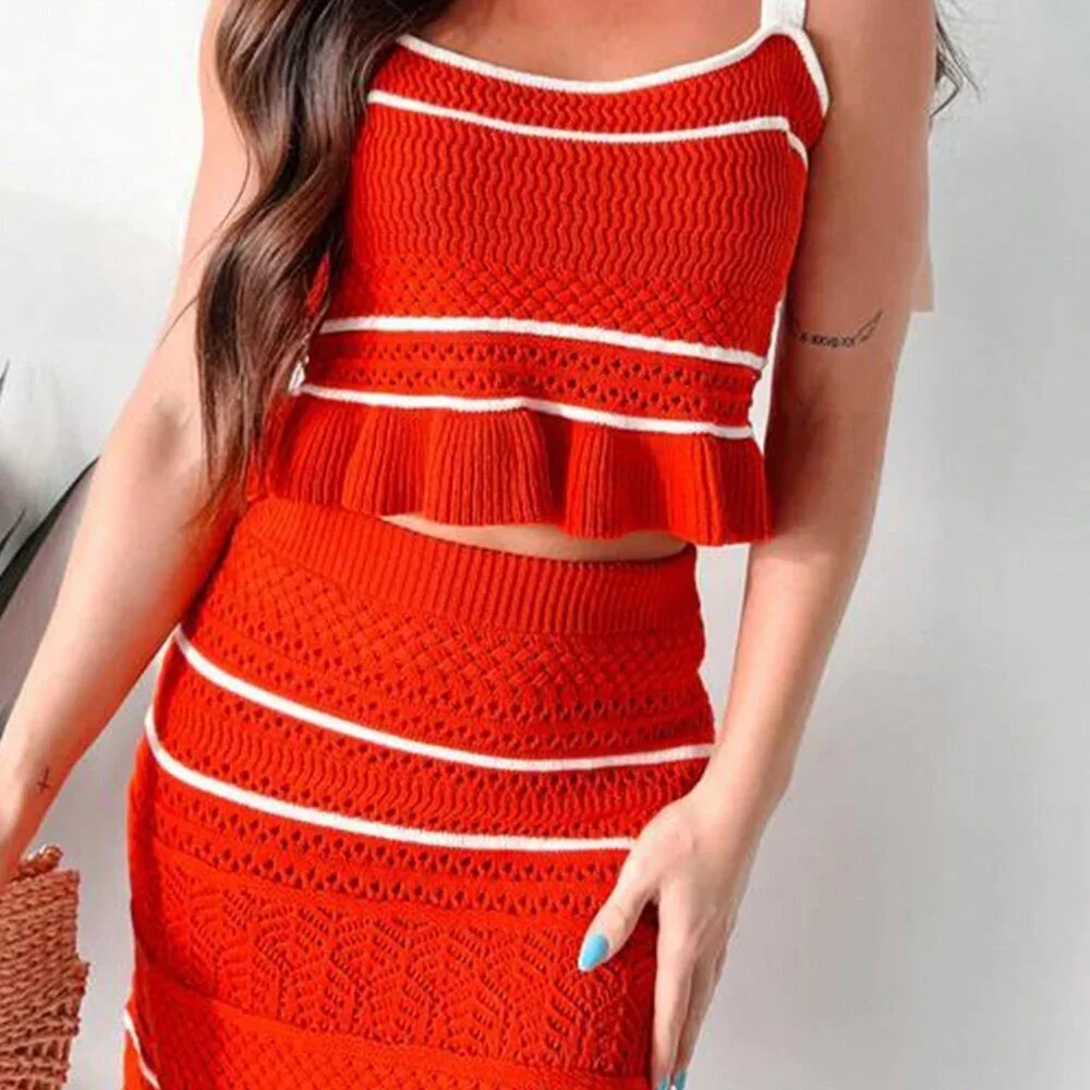 Red Casual Women's Stripe Sleeveless Sweater Set